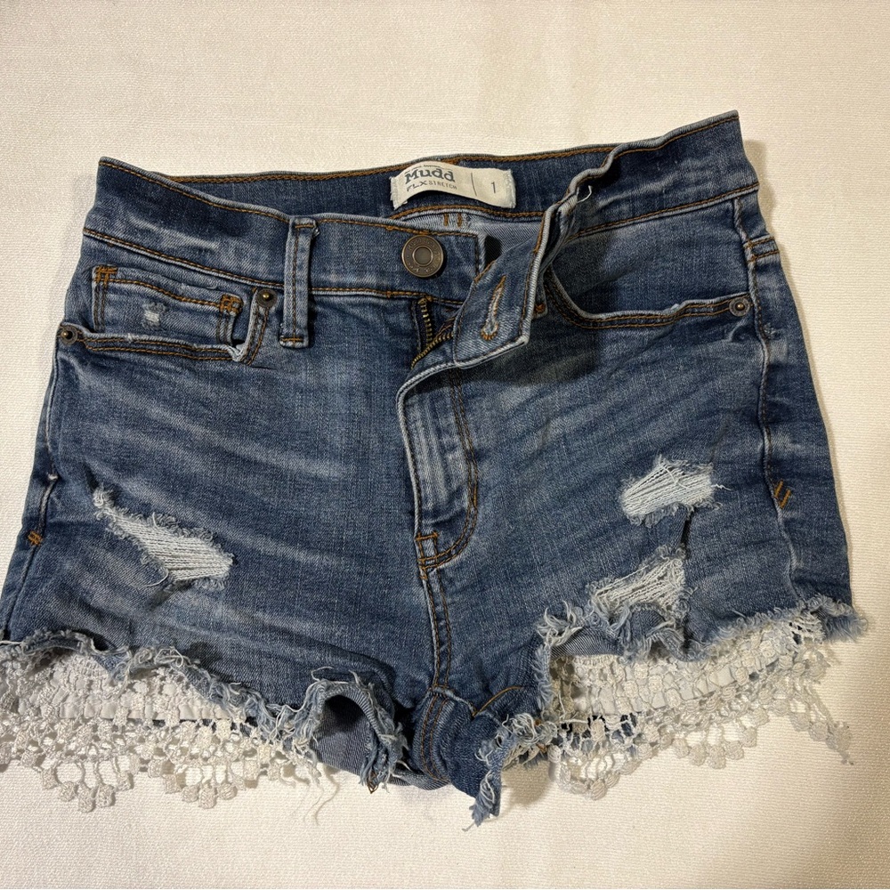 Mudd Blue Distressed Denim Shorts with Crochet Trim